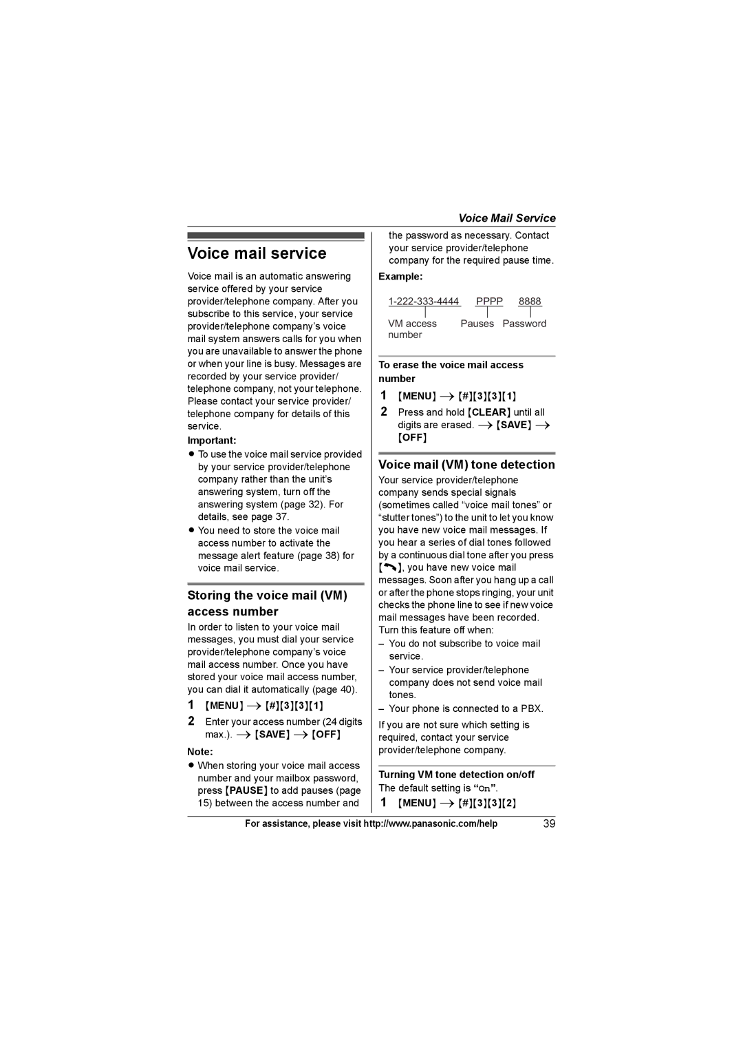 Panasonic KX-TG7532, KX-TG7534 Voice mail service, Storing the voice mail VM access number, Voice mail VM tone detection 