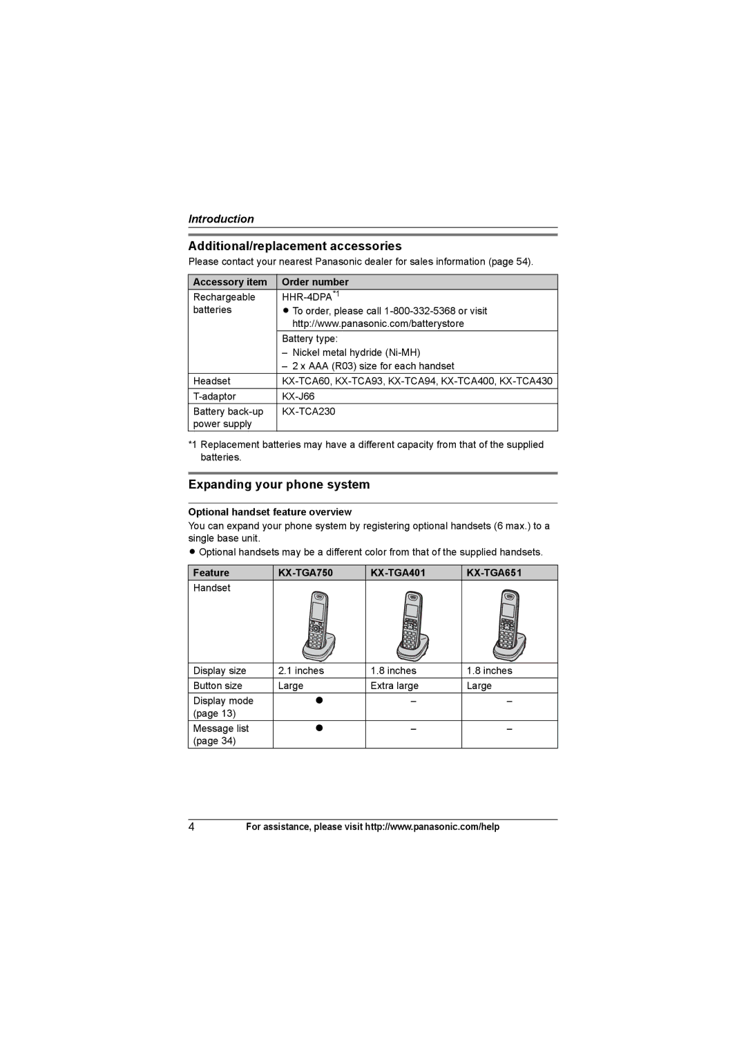 Panasonic KX-TG7534 Additional/replacement accessories, Expanding your phone system, Accessory item Order number, Feature 