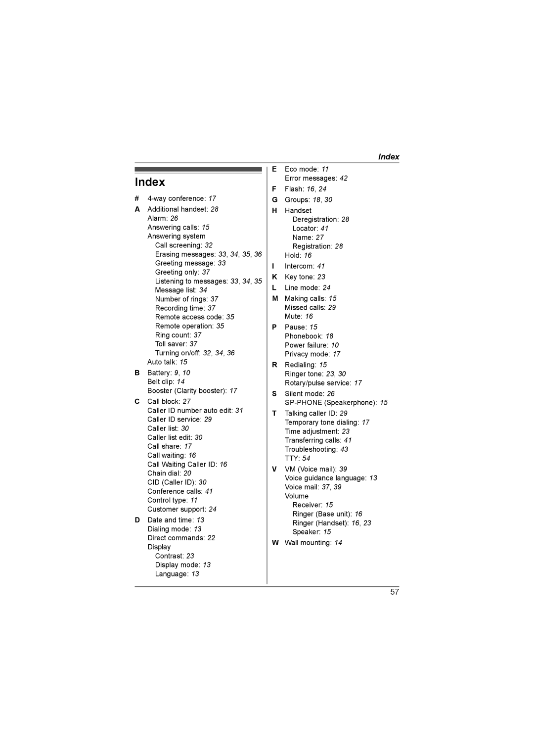 Panasonic KX-TG7533, KX-TG7534, KX-TG7531, KX-TG7532 operating instructions Index 