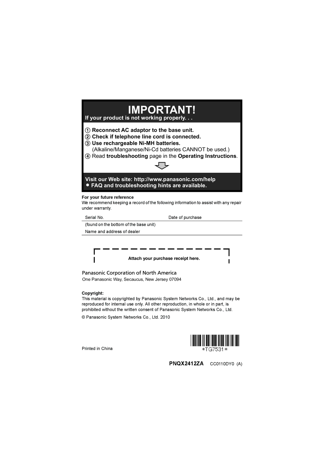 Panasonic KX-TG7534, KX-TG7533, KX-TG7531, KX-TG7532 operating instructions For your future reference, Copyright 