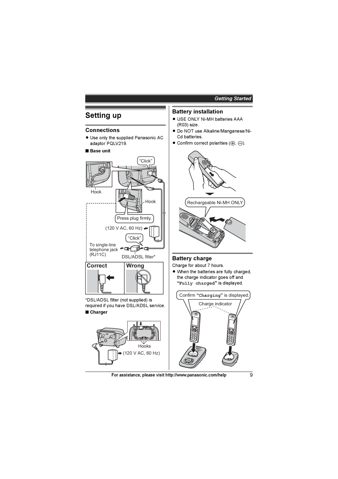 Panasonic KX-TG7533, KX-TG7534, KX-TG7531 Setting up, Connections, Correct Wrong, Battery installation, Battery charge 