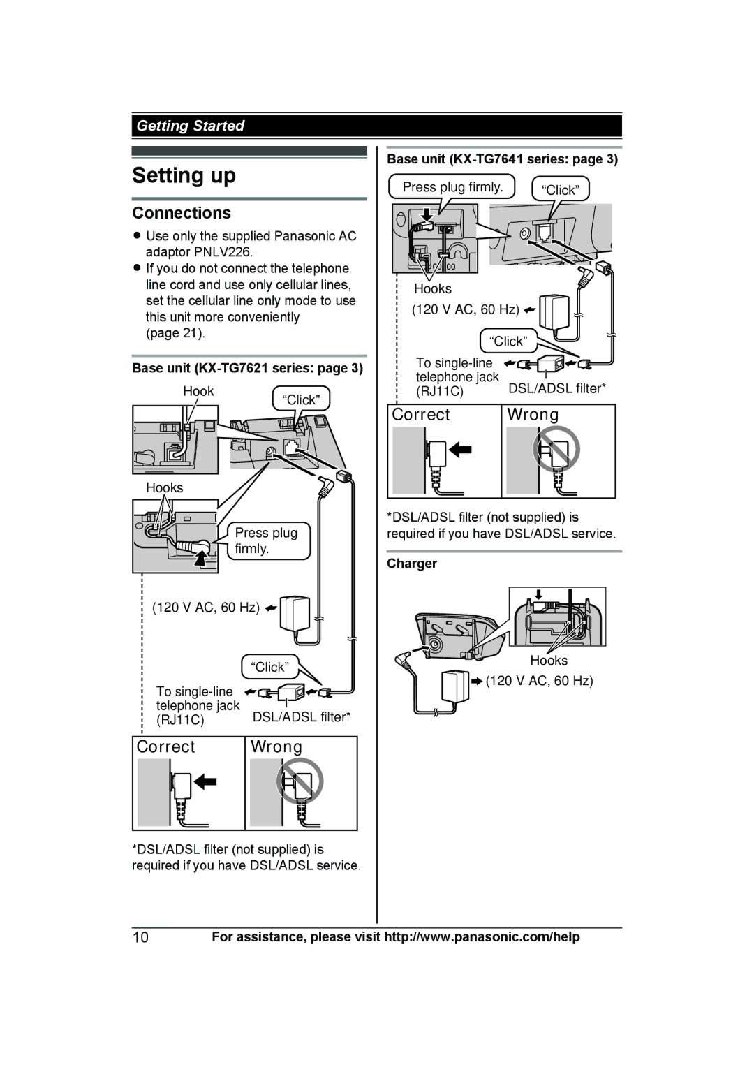 Panasonic KXTG7623B, KX-TG7624SK, KXTG7622B Setting up, Connections, Correct Wrong, Base unit KX-TG7621 series, Charger 