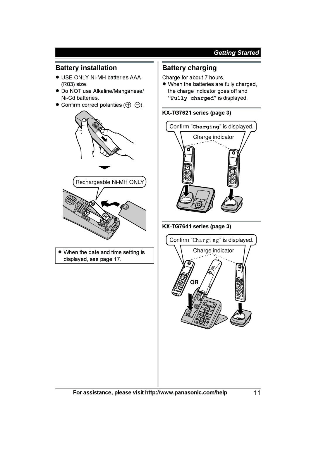 Panasonic KXTG7622B, KX-TG7624SK, KXTG7623B operating instructions Battery installation, Battery charging, KX-TG7641 series 