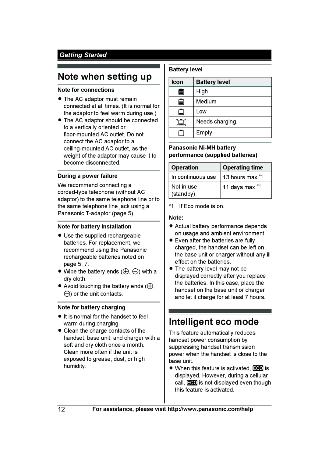 Panasonic KX-TG7624SK Intelligent eco mode, During a power failure, Battery level Icon, Operation Operating time 