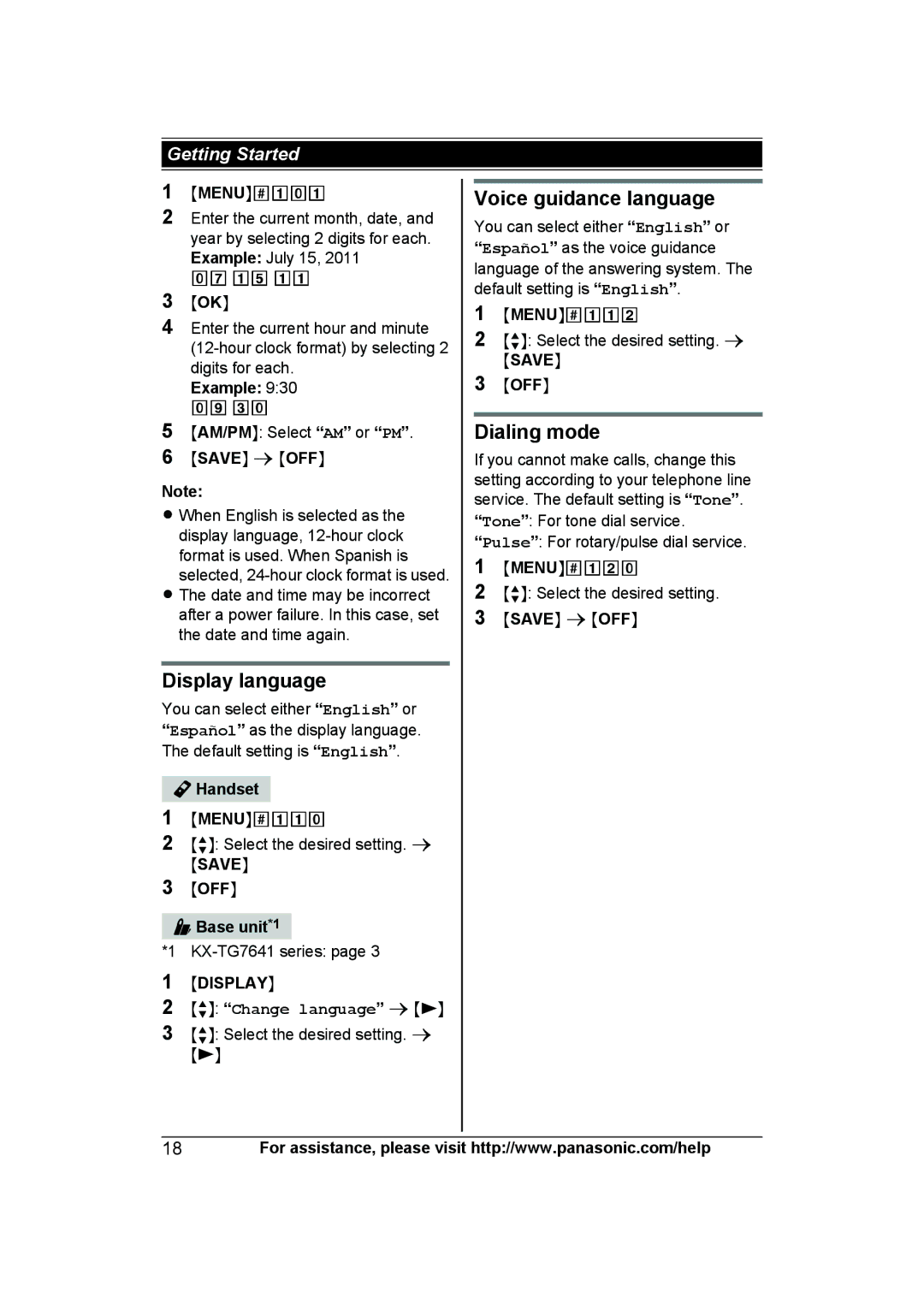 Panasonic KX-TG7624SK, KXTG7623B Display language, Voice guidance language, Dialing mode, Msaven Moffn, Mdisplayn 