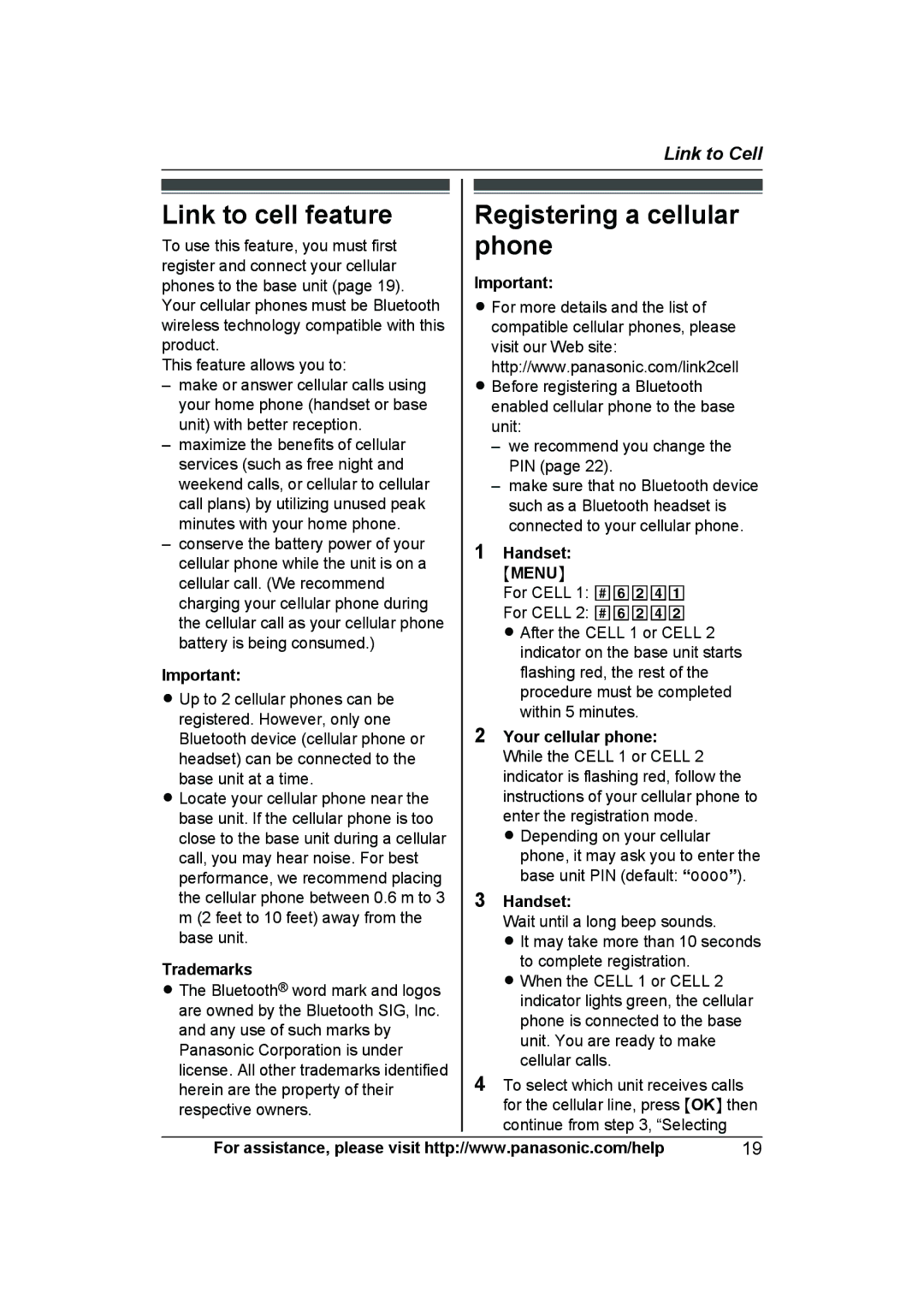 Panasonic KXTG7623B, KX-TG7624SK, KXTG7622B Link to cell feature, Registering a cellular phone, Trademarks, Mmenun 