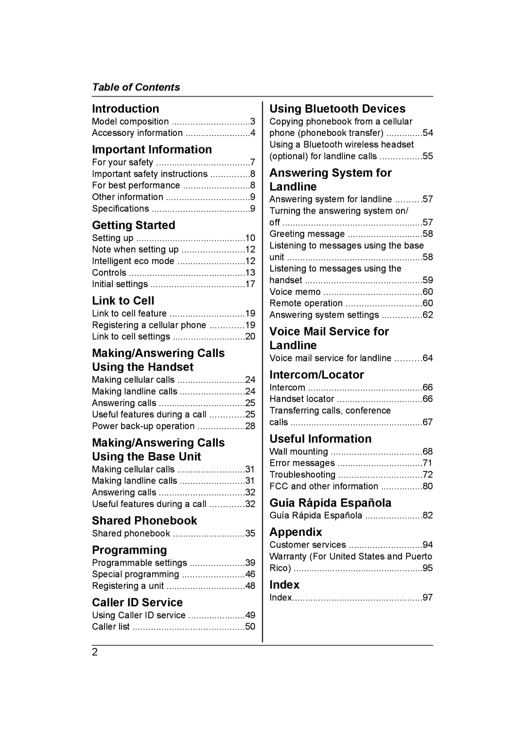 Panasonic KXTG7622B Introduction, Important Information, Getting Started, Link to Cell, Shared Phonebook, Programming 