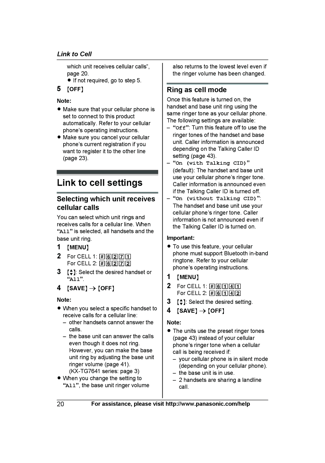 Panasonic KXTG7622B, KX-TG7624SK Link to cell settings, Selecting which unit receives cellular calls, Ring as cell mode 