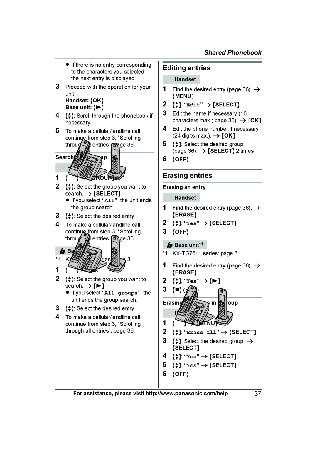 Panasonic KXTG7623B, KX-TG7624SK, KXTG7622B operating instructions Editing entries, Erasing entries 