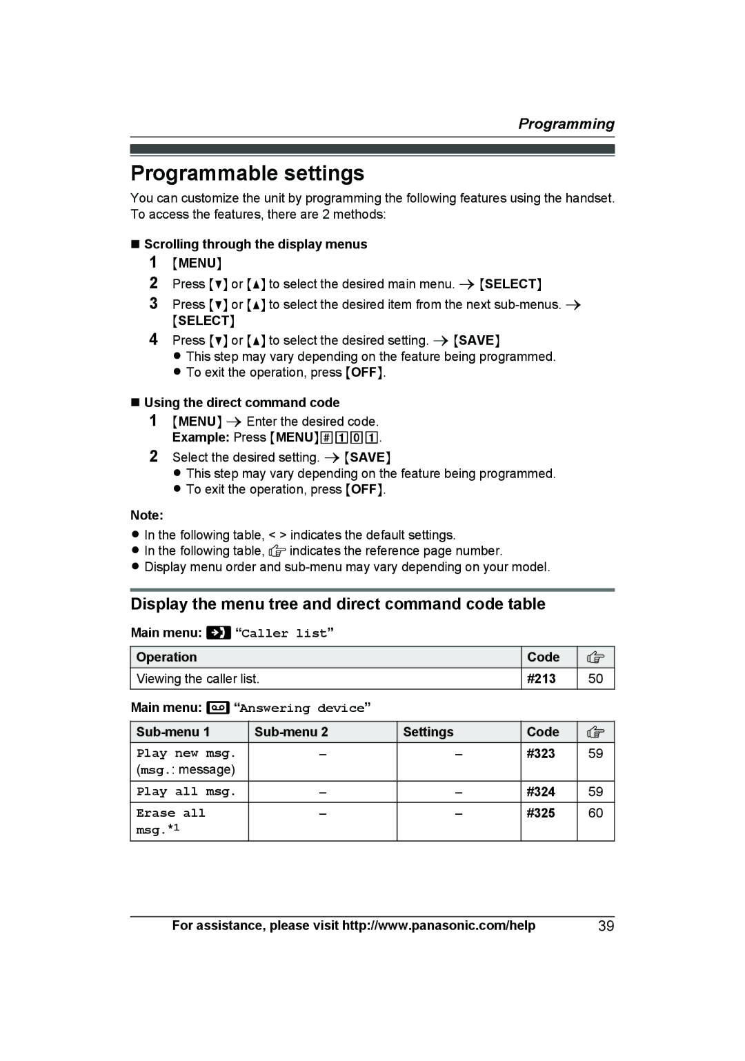 Panasonic KX-TG7624SK, KXTG7623B, KXTG7622B Programmable settings, Display the menu tree and direct command code table 