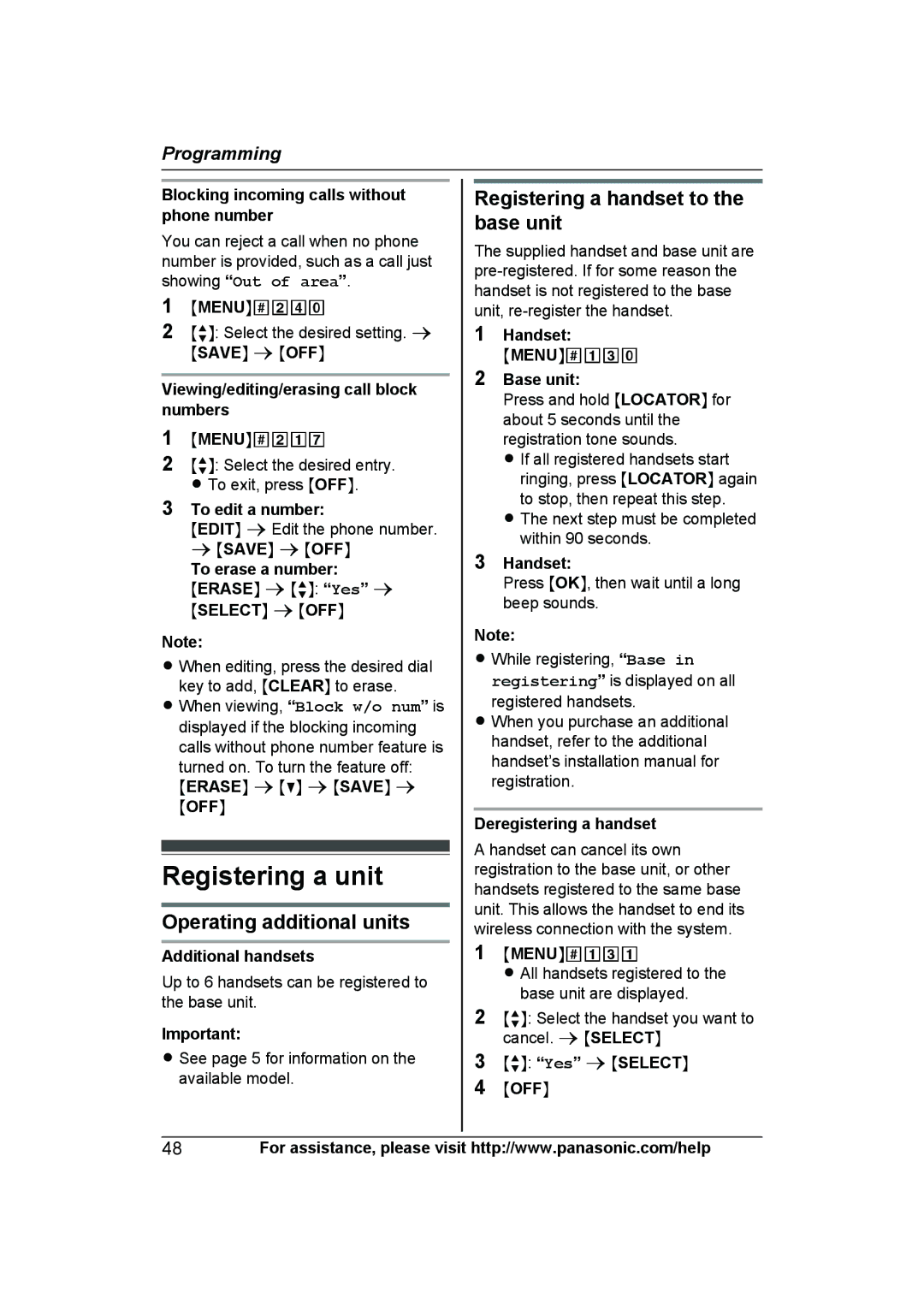 Panasonic KX-TG7624SK, KXTG7623B Registering a unit, Operating additional units, Registering a handset to the base unit 
