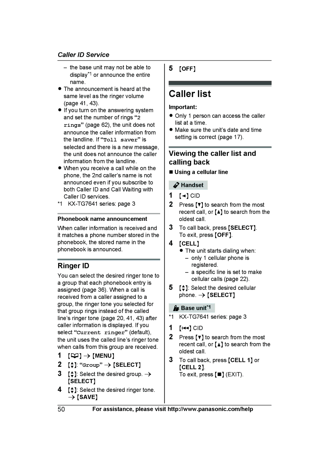 Panasonic KXTG7622B, KX-TG7624SK, KXTG7623B Caller list, Viewing the caller list, Calling back, Ringer ID 