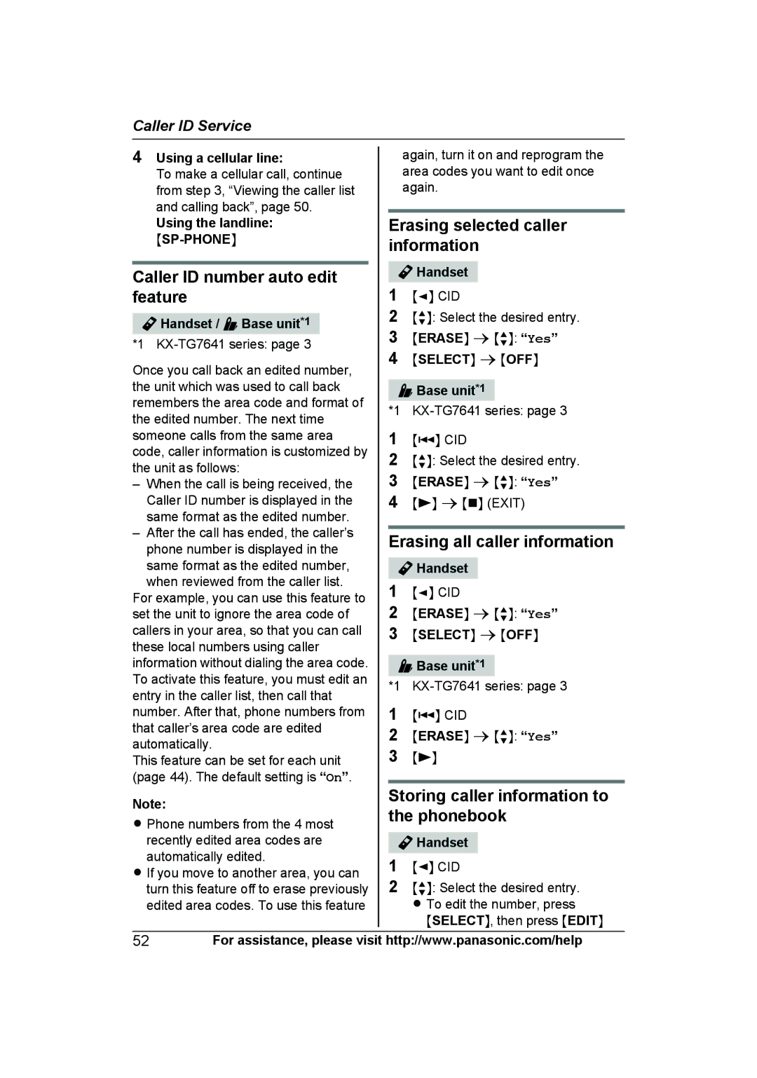 Panasonic KXTG7623B Caller ID number auto edit feature, Erasing selected caller information, Mselectn a Moffn Base unit*1 