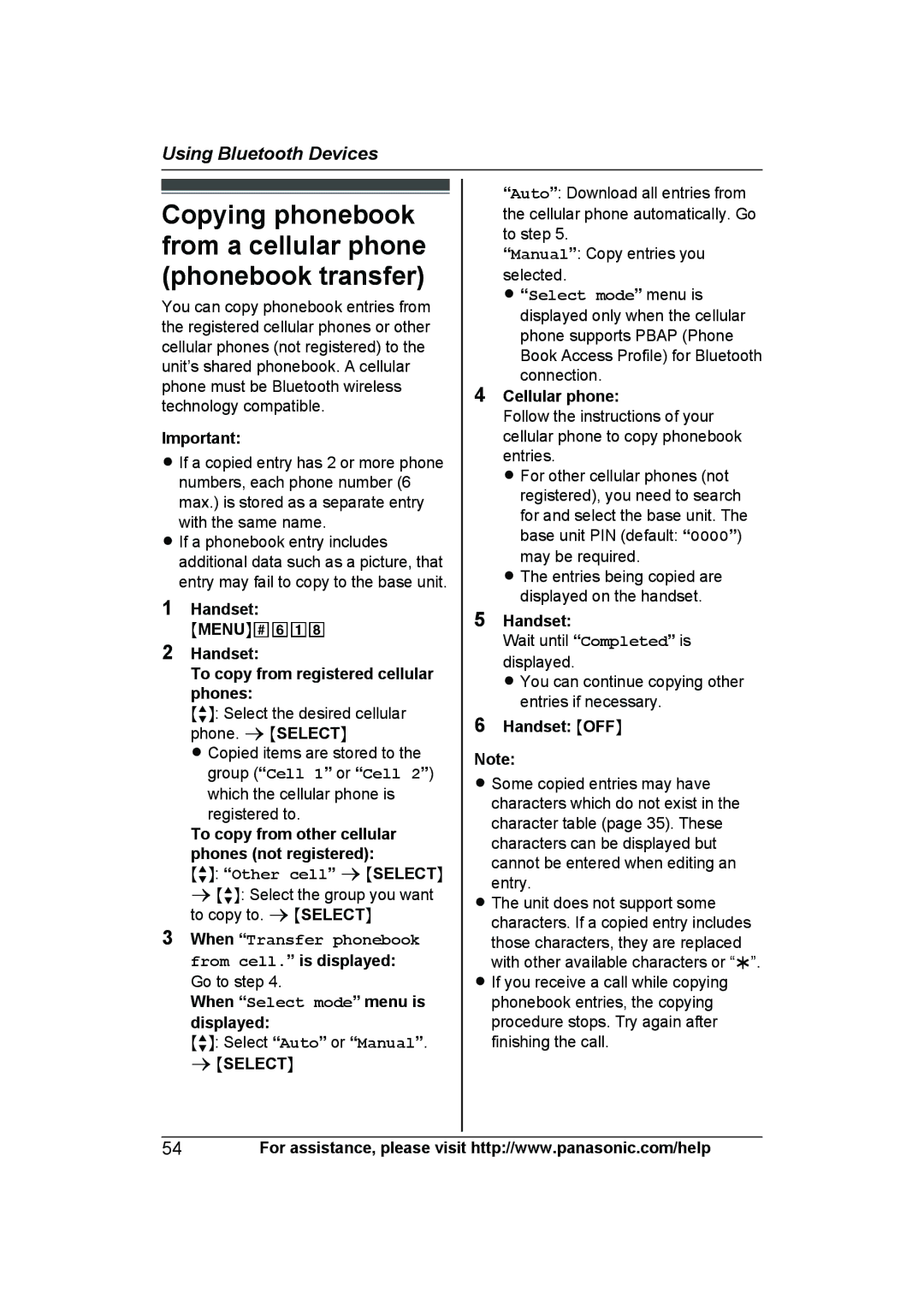 Panasonic KX-TG7624SK Copying phonebook from a cellular phone phonebook transfer, MbN Other cell a Mselectn, Handset Moffn 