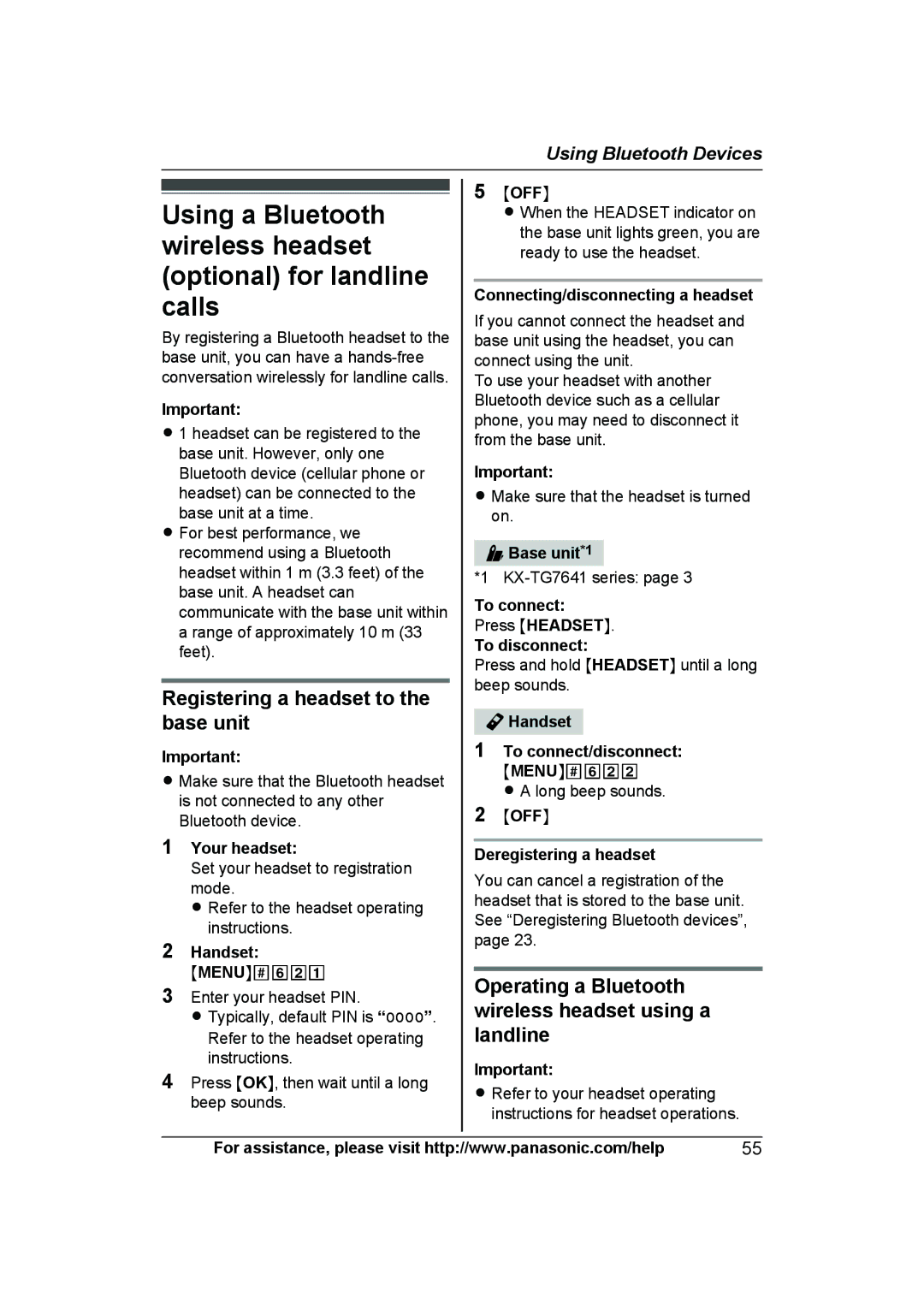 Panasonic KXTG7623B Registering a headset to the base unit, Operating a Bluetooth wireless headset using a landline 