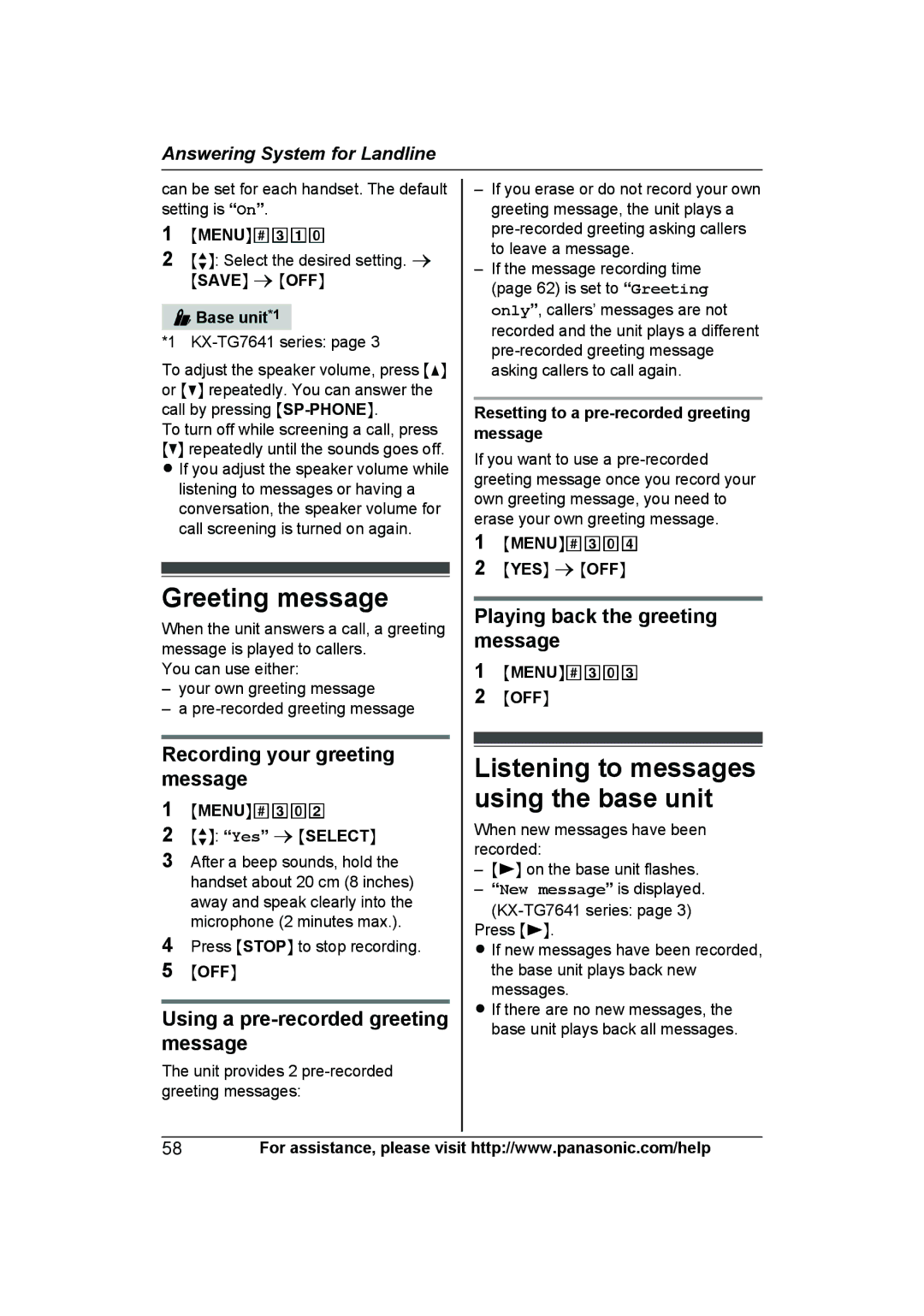 Panasonic KXTG7623B Greeting message, Listening to messages using the base unit, Recording your greeting message 