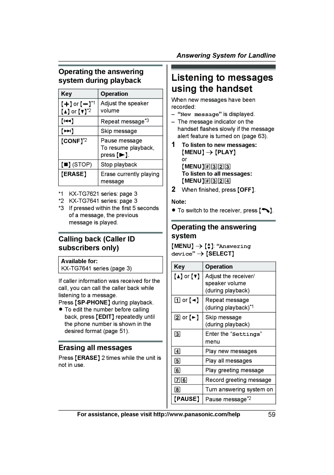 Panasonic KXTG7622B, KX-TG7624SK Listening to messages using the handset, Operating the answering system during playback 