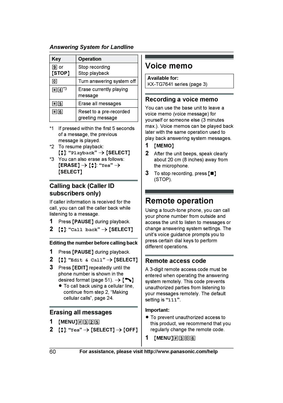 Panasonic KX-TG7624SK, KXTG7623B Voice memo, Remote operation, Recording a voice memo, Remote access code, Mmemon 