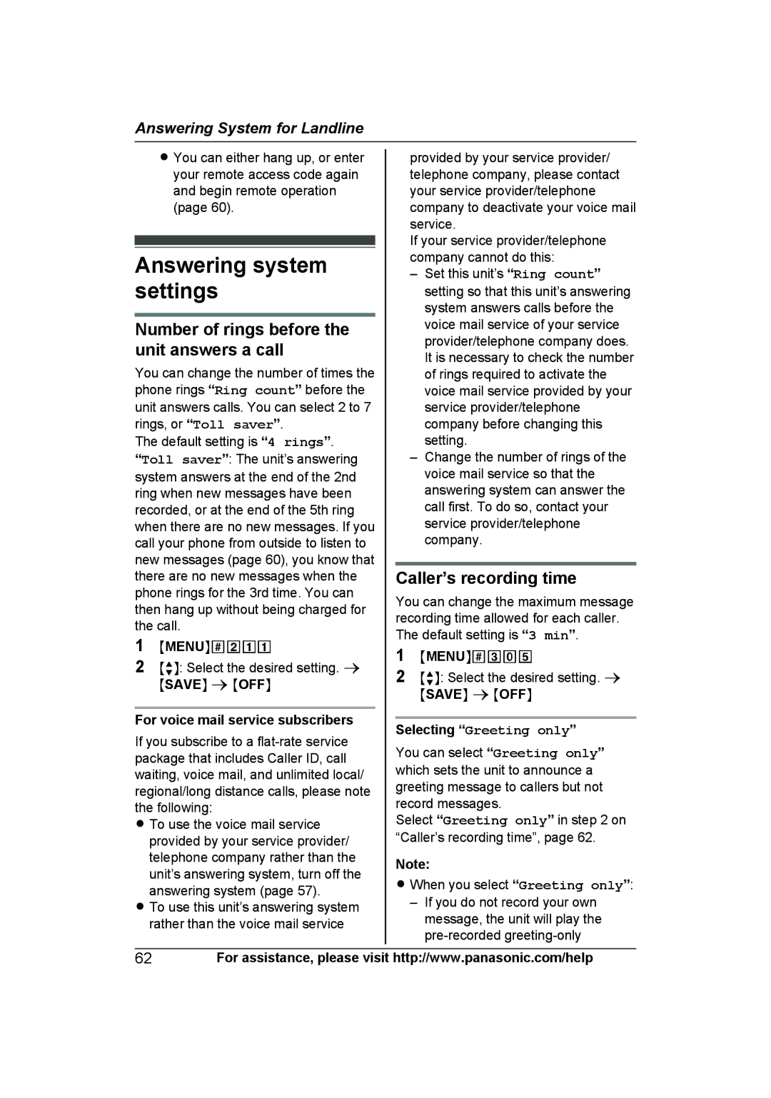 Panasonic KXTG7622B Answering system settings, Number of rings before the unit answers a call, Caller’s recording time 