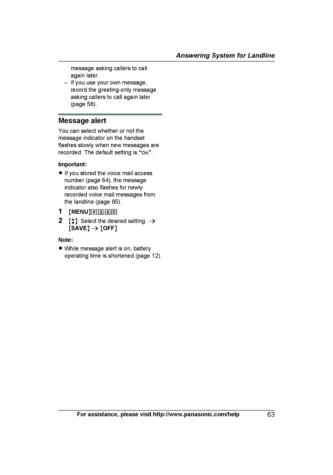 Panasonic KX-TG7624SK, KXTG7623B, KXTG7622B operating instructions Message alert 