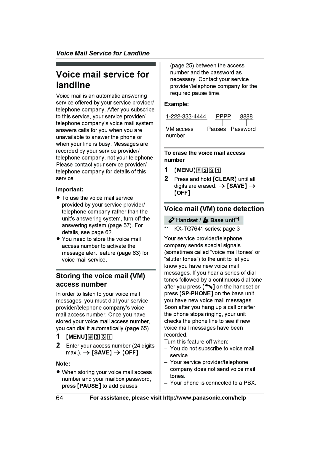 Panasonic KXTG7623B Voice mail service for landline, Storing the voice mail VM access number, Voice mail VM tone detection 