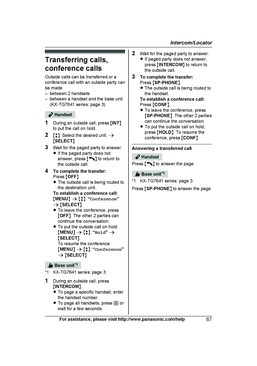 Panasonic KXTG7623B, KX-TG7624SK, KXTG7622B operating instructions Transferring calls, Conference calls 