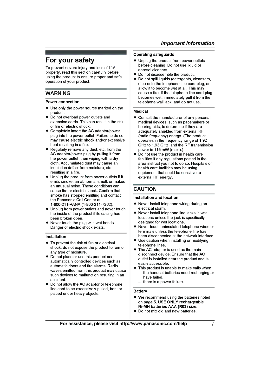 Panasonic KXTG7623B, KX-TG7624SK, KXTG7622B operating instructions For your safety 