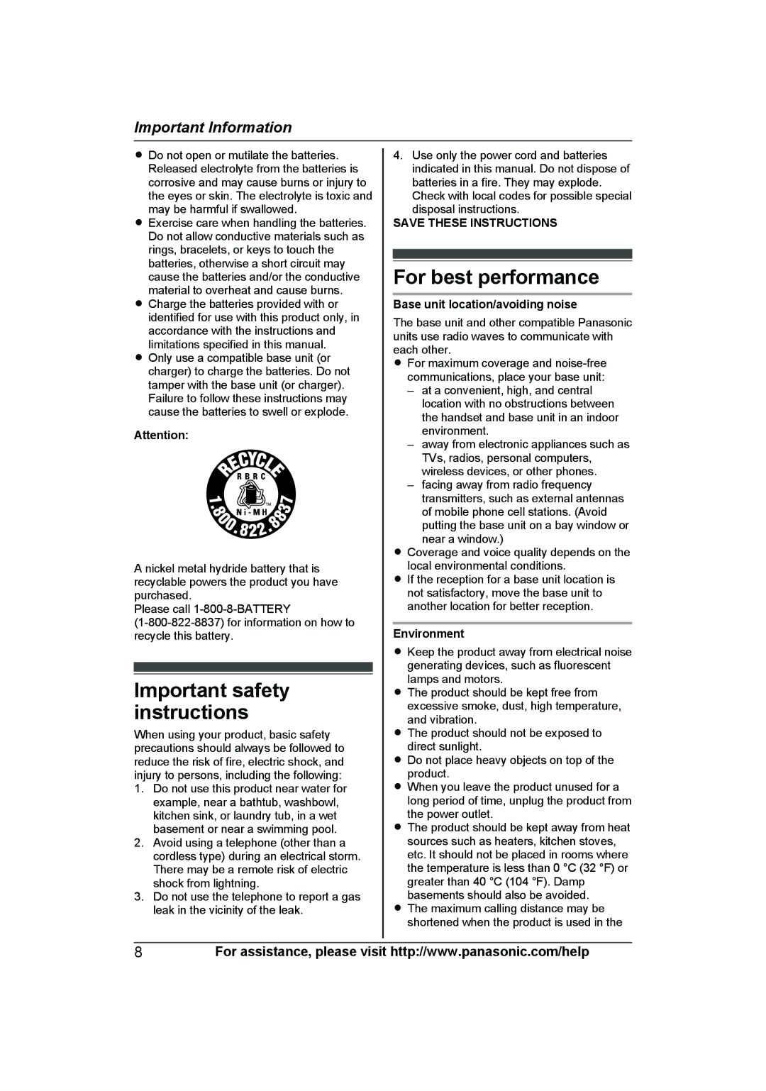 Panasonic KXTG7622B, KX-TG7624SK, KXTG7623B operating instructions Important safety instructions 