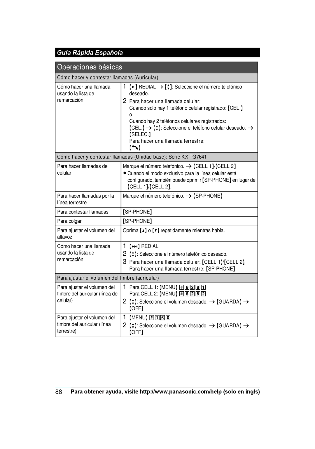 Panasonic KXTG7623B Para hacer una llamada celular Cell 1/CELL, Para hacer una llamada terrestre SP-PHONE 