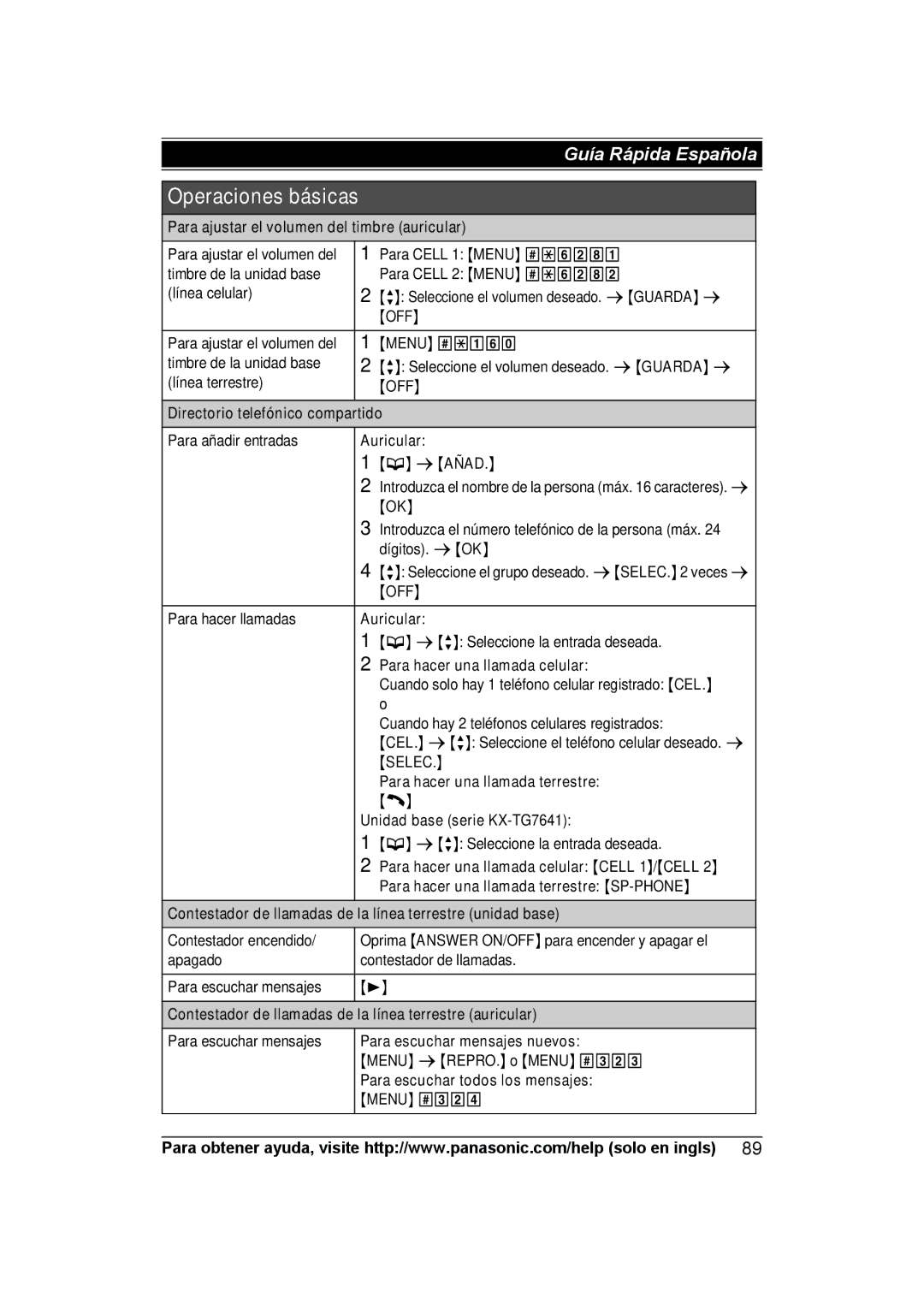 Panasonic KXTG7622B, KX-TG7624SK, KXTG7623B Off, Directorio telefónico compartido, Selec, Para hacer una llamada terrestre 