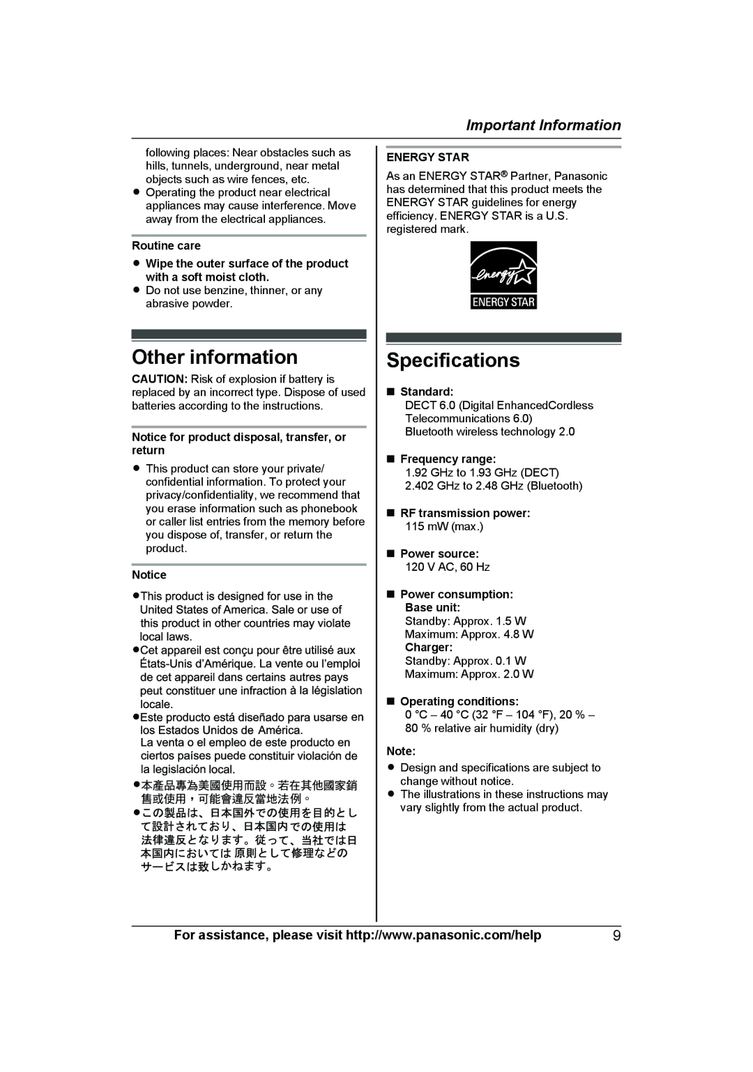 Panasonic KX-TG7624SK, KXTG7623B, KXTG7622B operating instructions Other information 