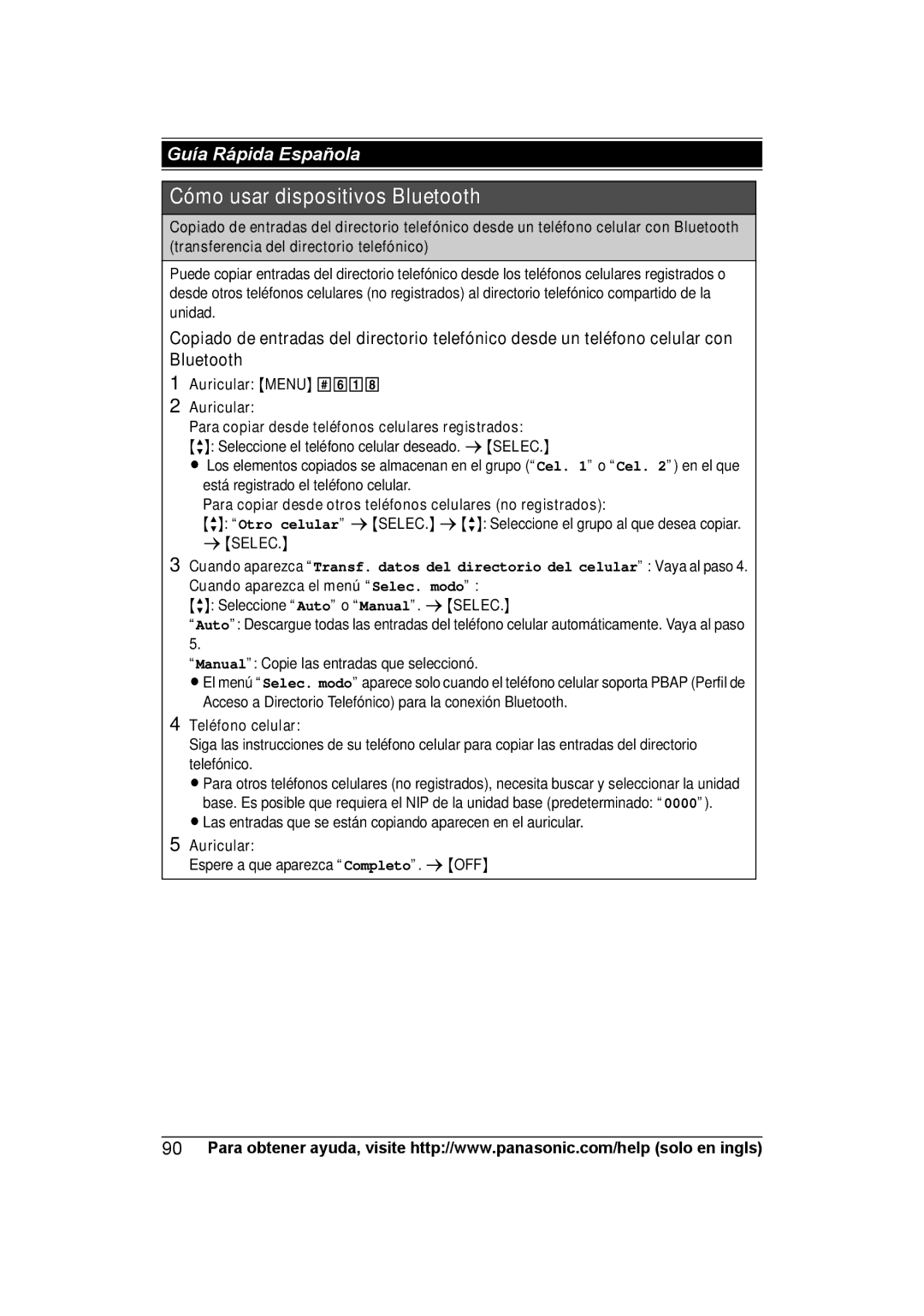 Panasonic KX-TG7624SK Para copiar desde otros teléfonos celulares no registrados, Cuando aparezca el menú Selec. modo 