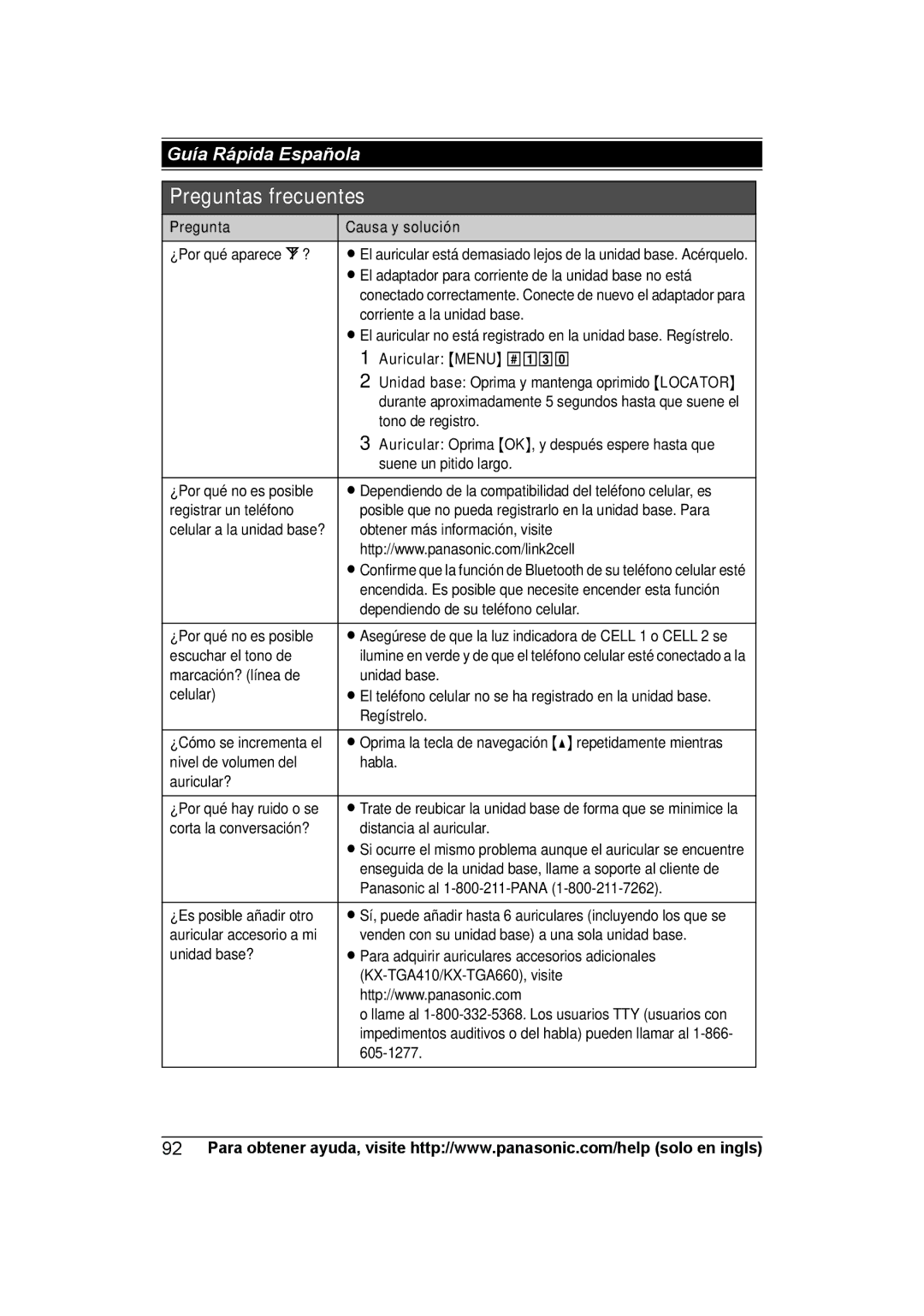 Panasonic KXTG7622B, KX-TG7624SK, KXTG7623B operating instructions Pregunta Causa y solución, Auricular Menu 