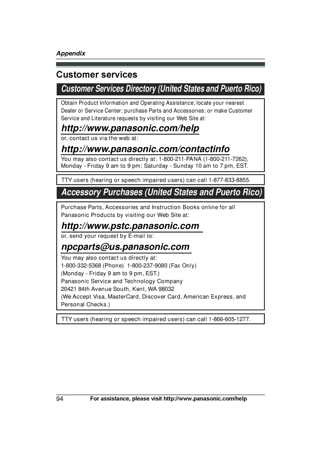 Panasonic KXTG7623B Customer services, Or, contact us via the web at, TTY users hearing or speech impaired users can call 