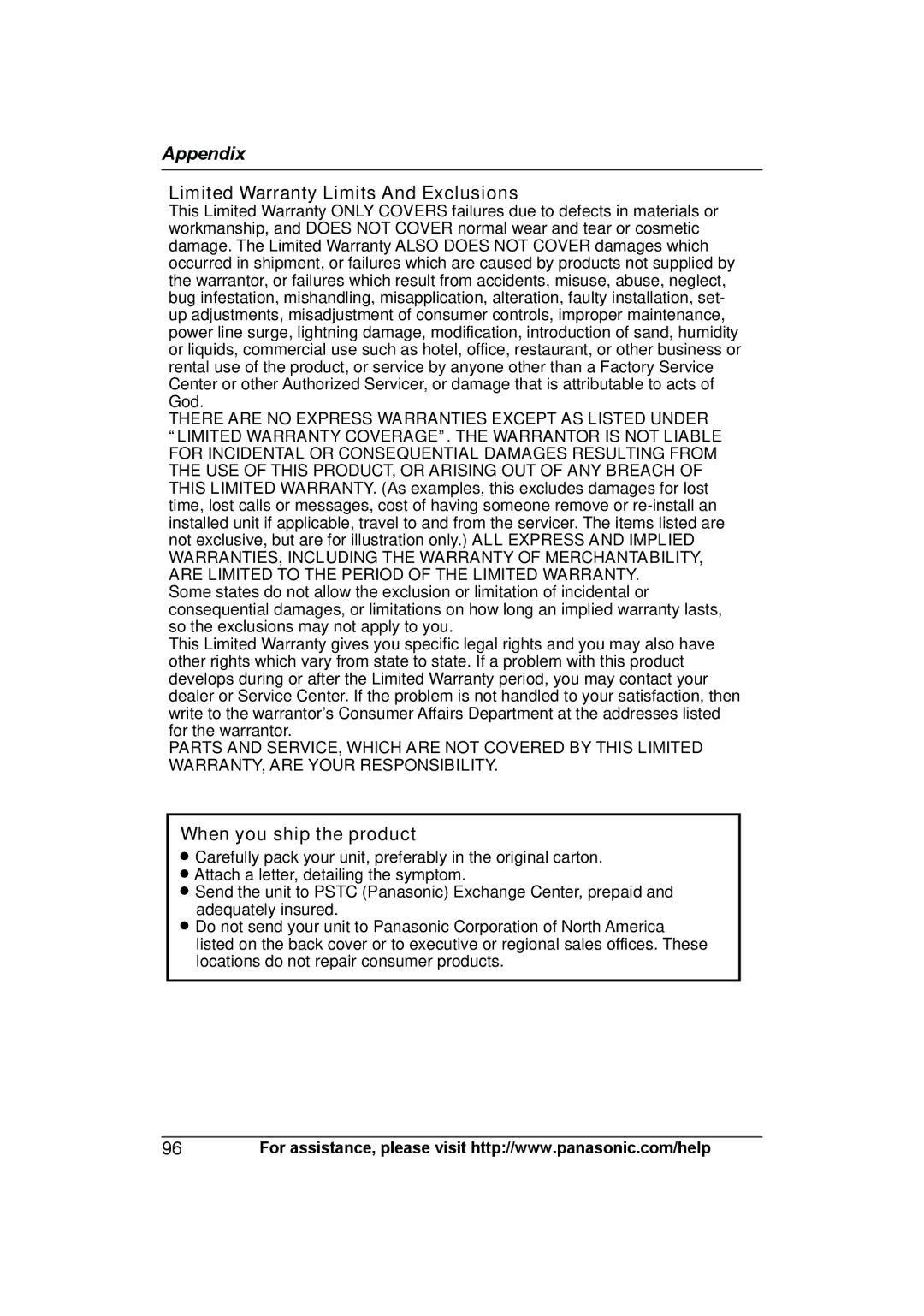 Panasonic KX-TG7624SK, KXTG7623B, KXTG7622B operating instructions Limited Warranty Limits And Exclusions 