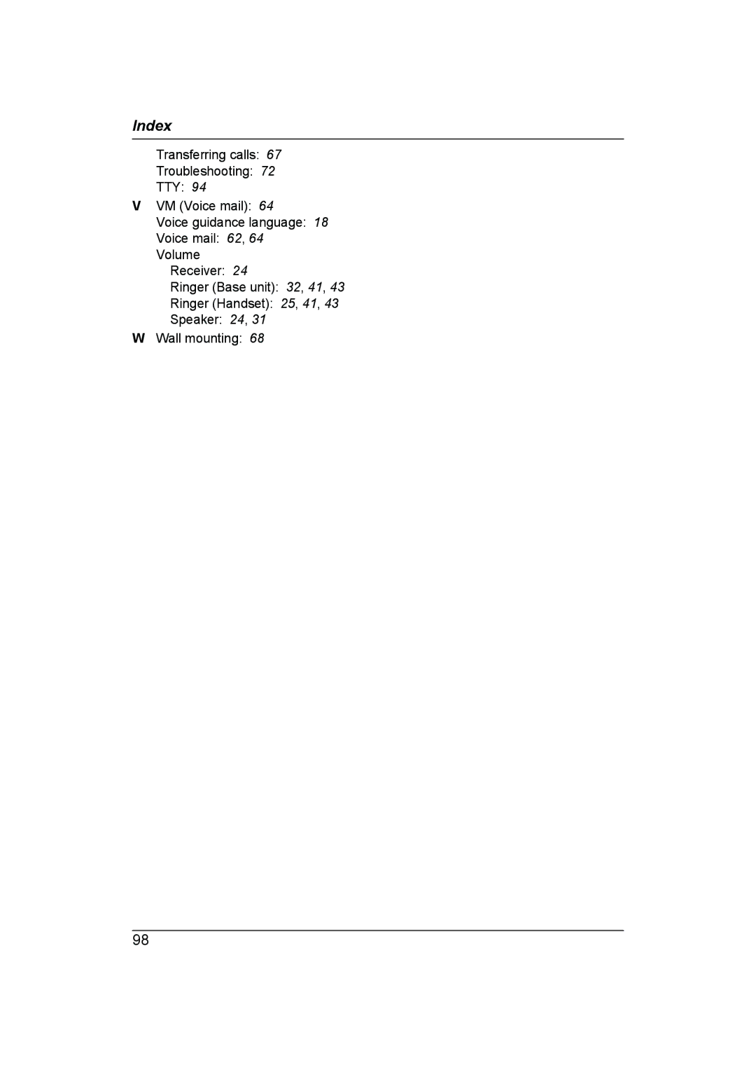 Panasonic KXTG7622B, KX-TG7624SK, KXTG7623B operating instructions Index 