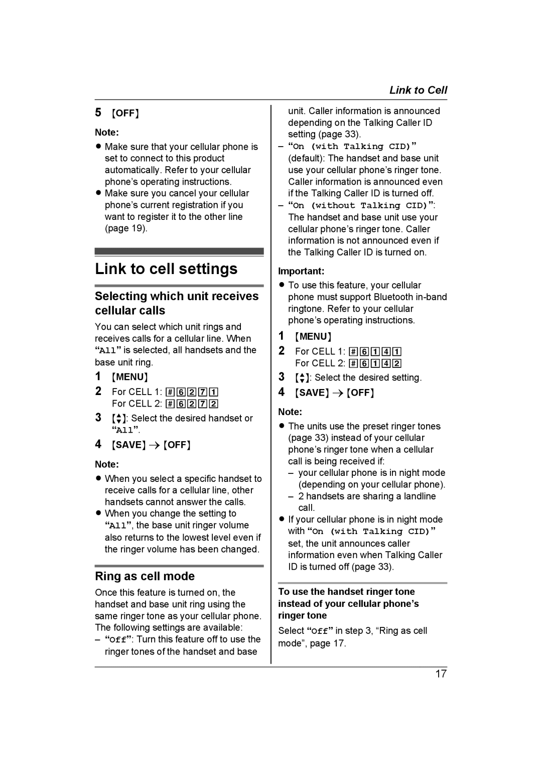 Panasonic KX-TG7652AZ Link to cell settings, Selecting which unit receives cellular calls, Ring as cell mode, Moffn 