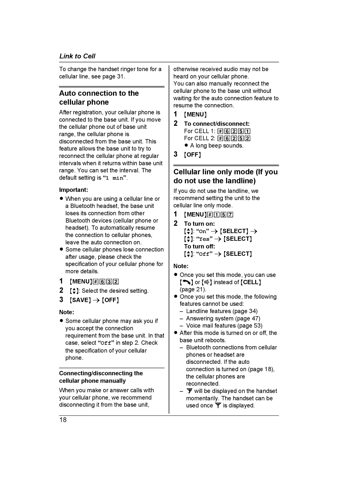 Panasonic KX-TG7653AZ Auto connection to the cellular phone, Cellular line only mode If you do not use the landline 