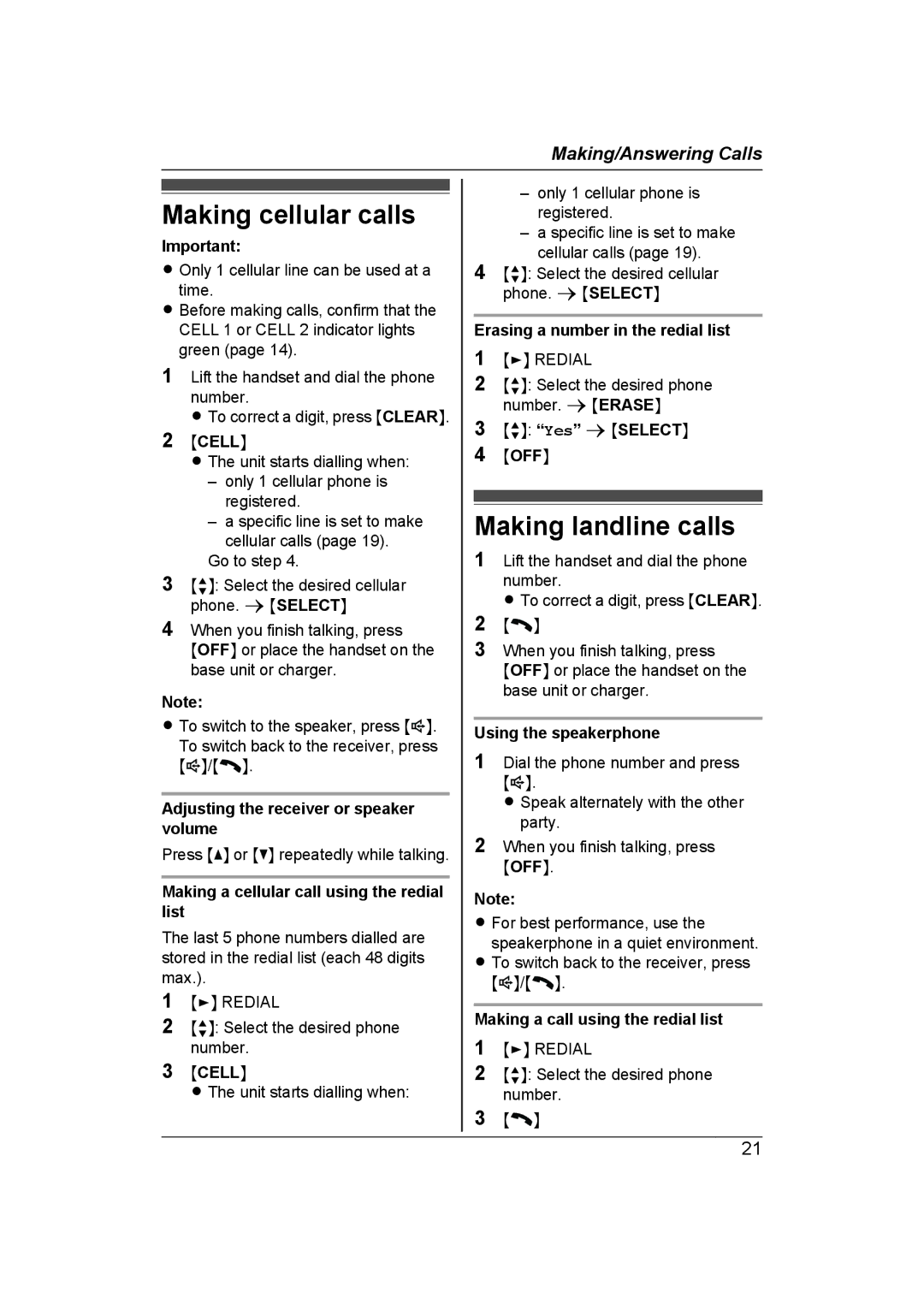 Panasonic KX-TG7652AZ, KX-TG7653AZ operating instructions Making cellular calls, Making landline calls, Mcelln 