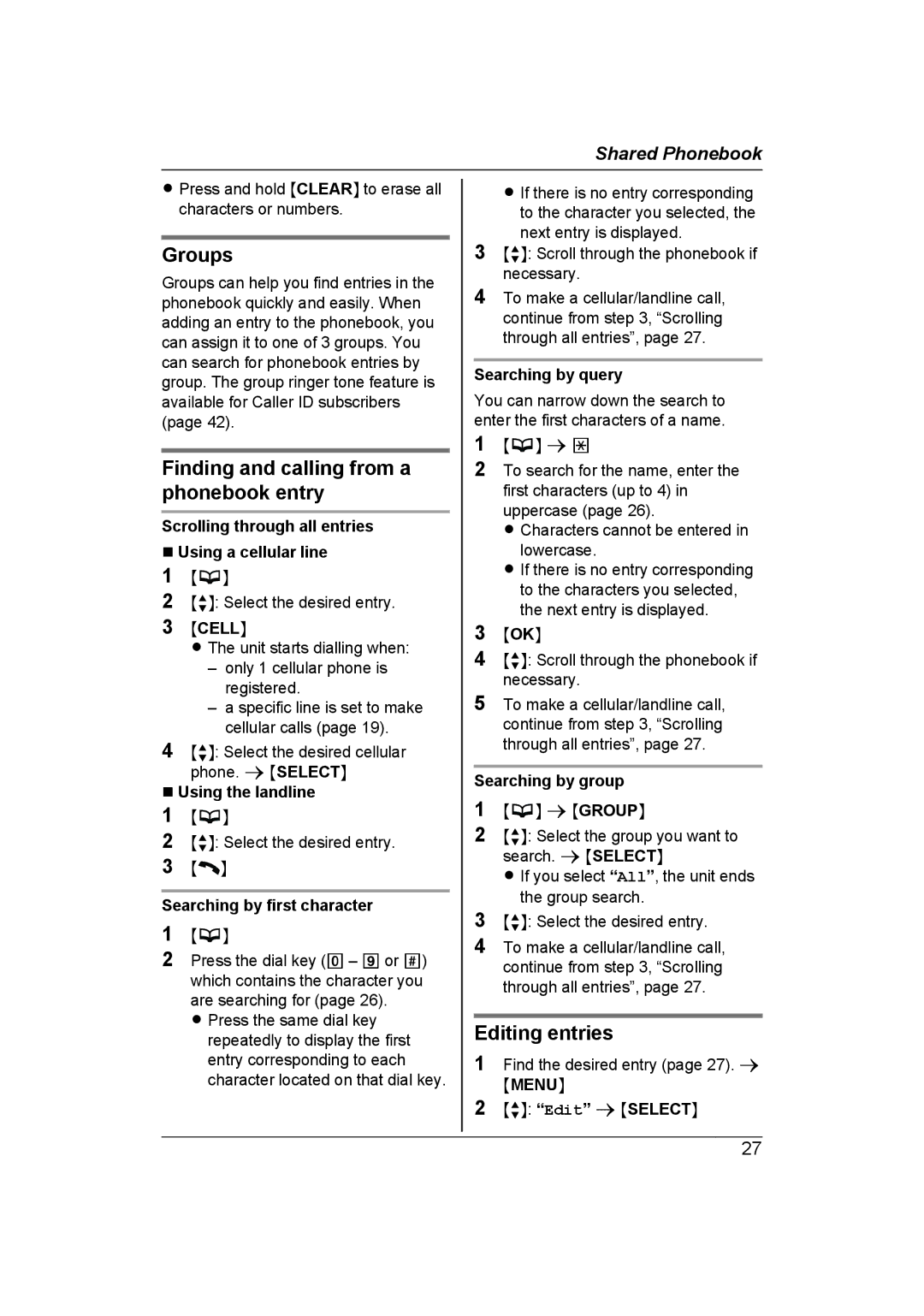 Panasonic KX-TG7652AZ, KX-TG7653AZ Groups, Finding and calling from a phonebook entry, Editing entries 