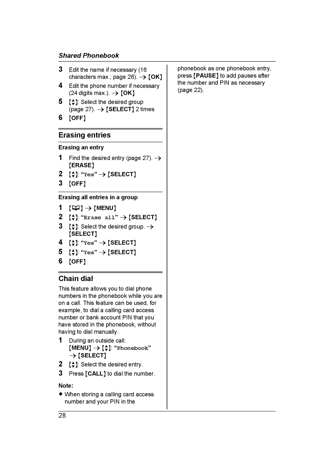 Panasonic KX-TG7653AZ, KX-TG7652AZ operating instructions Erasing entries, Chain dial 