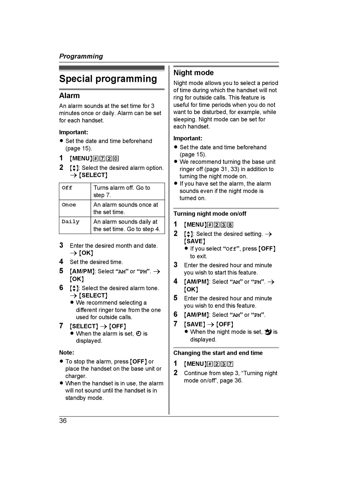 Panasonic KX-TG7653AZ, KX-TG7652AZ operating instructions Special programming, Alarm, Night mode, Off, Msaven 