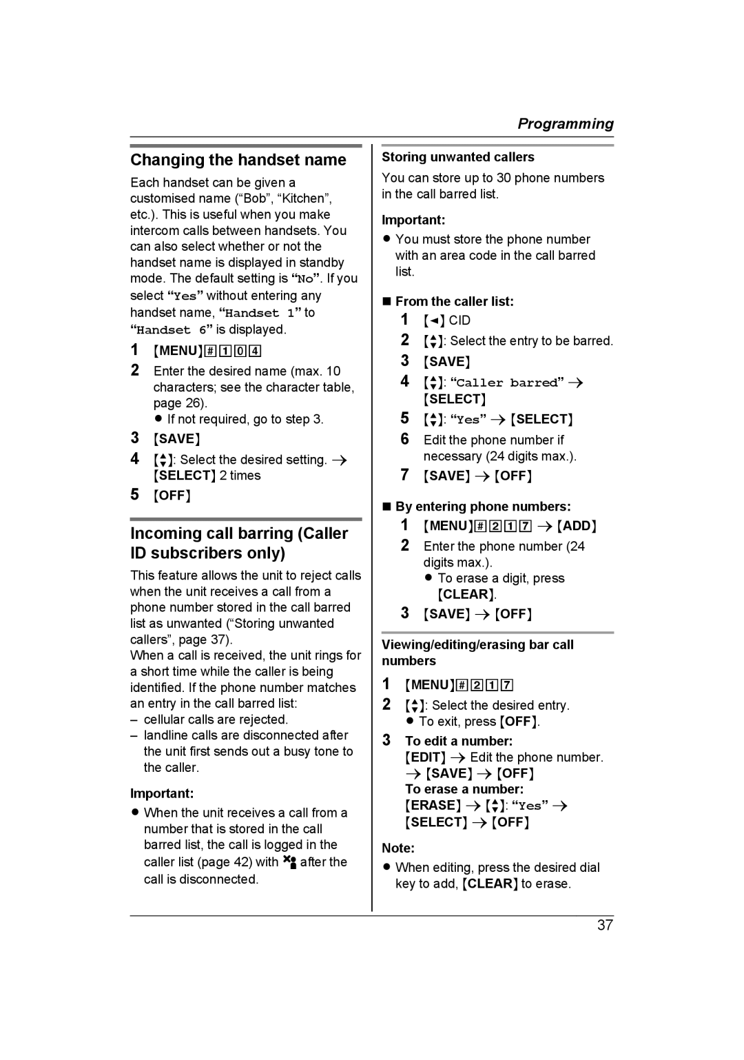 Panasonic KX-TG7652AZ Changing the handset name, Incoming call barring Caller ID subscribers only, MbN Caller barred a 