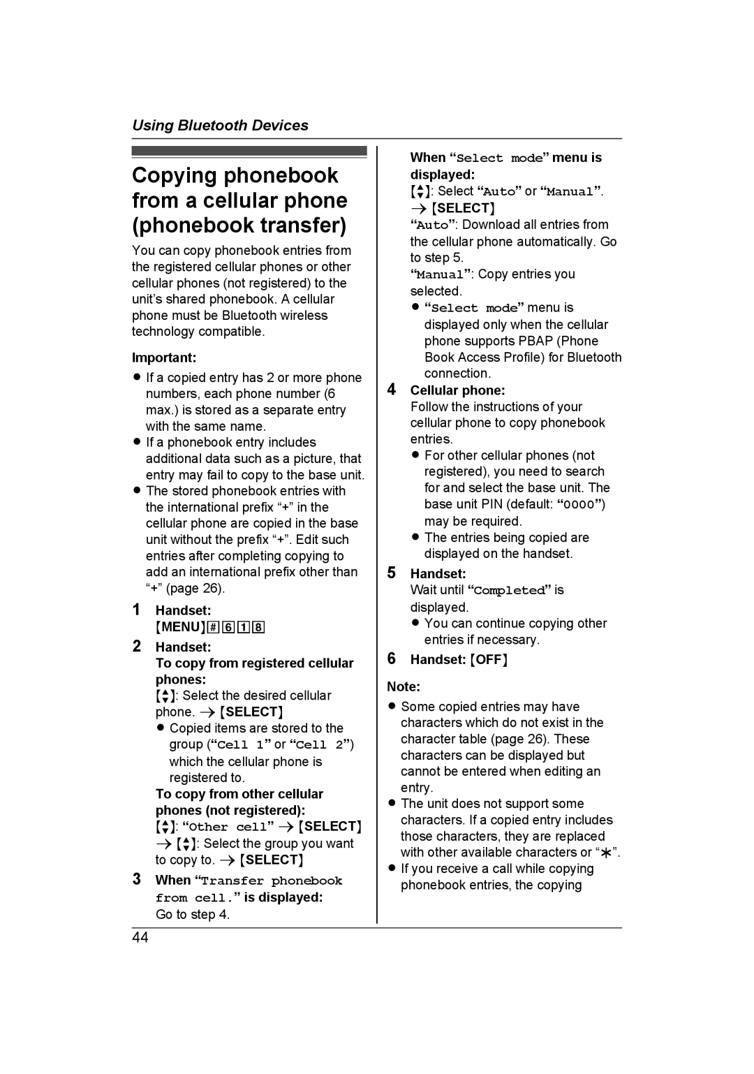 Panasonic KX-TG7653AZ, KX-TG7652AZ operating instructions Copying phonebook from a cellular phone phonebook transfer 