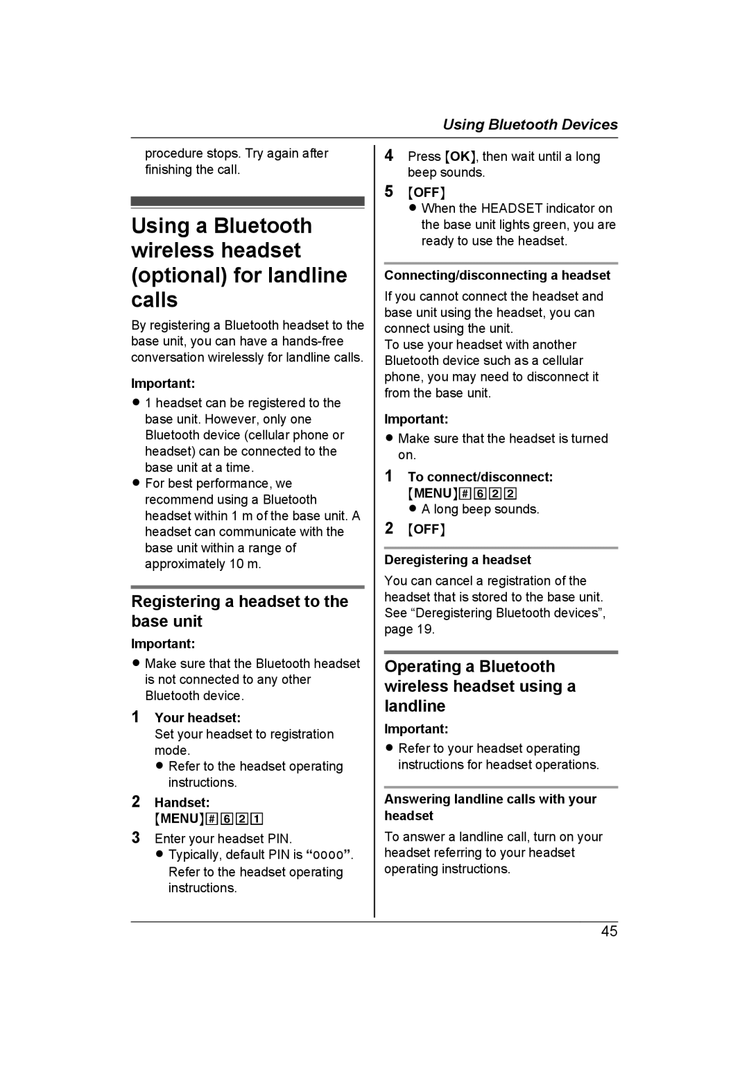Panasonic KX-TG7652AZ Registering a headset to the base unit, Operating a Bluetooth wireless headset using a landline 