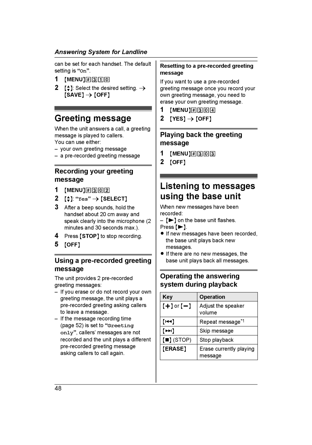 Panasonic KX-TG7653AZ, KX-TG7652AZ operating instructions Greeting message, Listening to messages using the base unit 