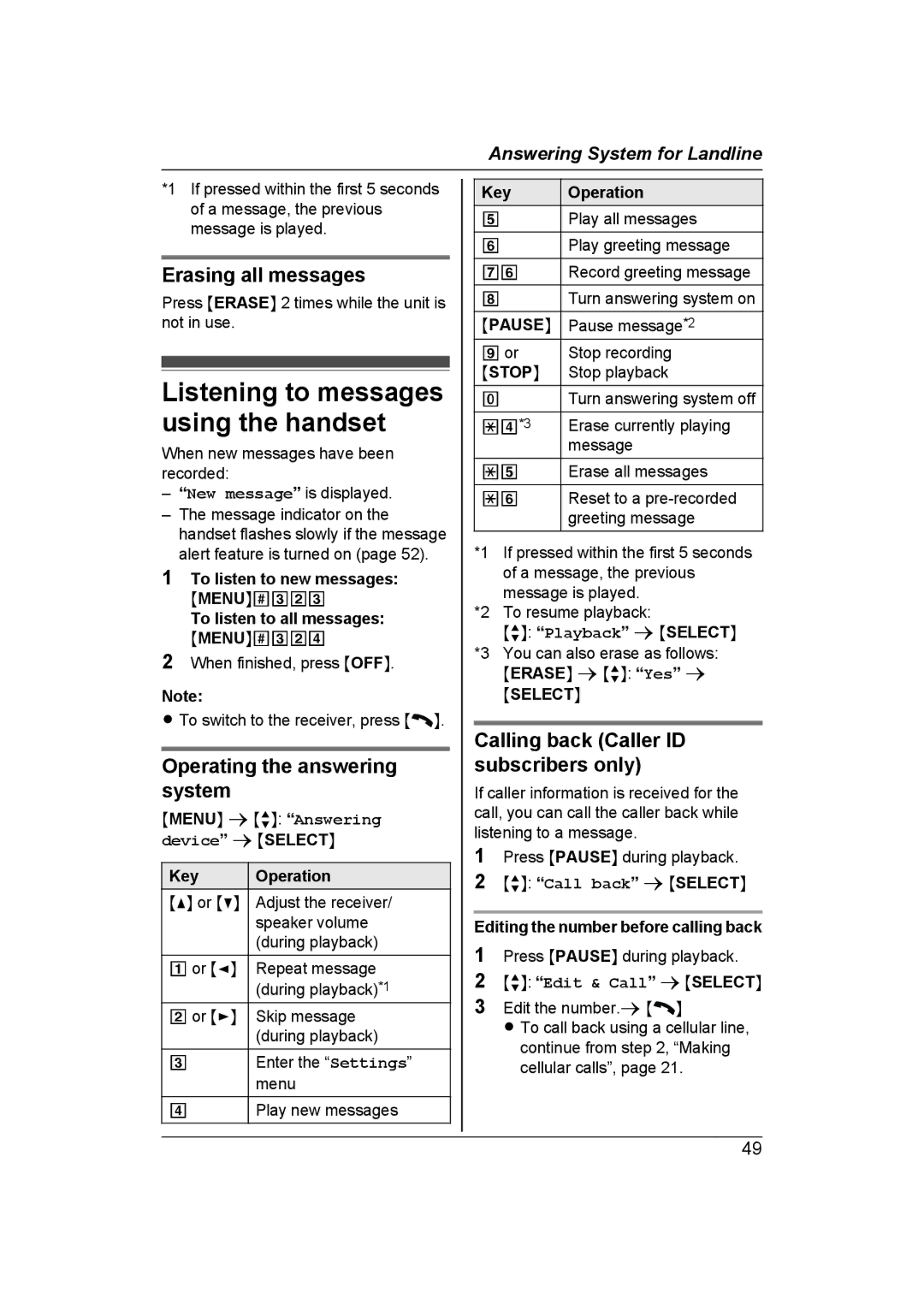 Panasonic KX-TG7652AZ Listening to messages using the handset, Erasing all messages, Operating the answering system 