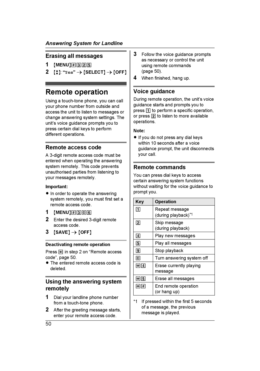 Panasonic KX-TG7653AZ Remote operation, Remote access code, Using the answering system remotely, Voice guidance 