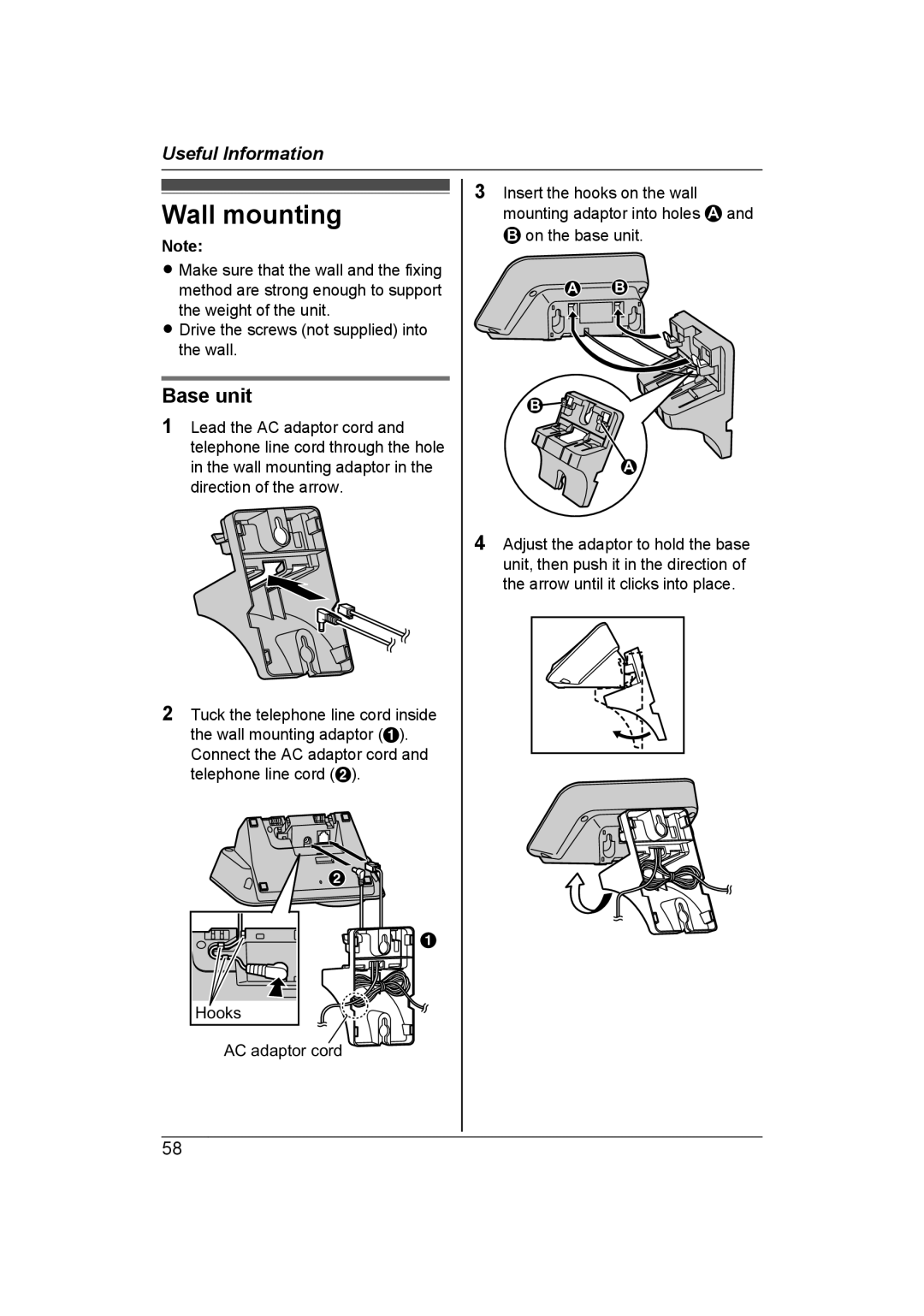 Panasonic KX-TG7653AZ, KX-TG7652AZ operating instructions Wall mounting, AC adaptor cord 