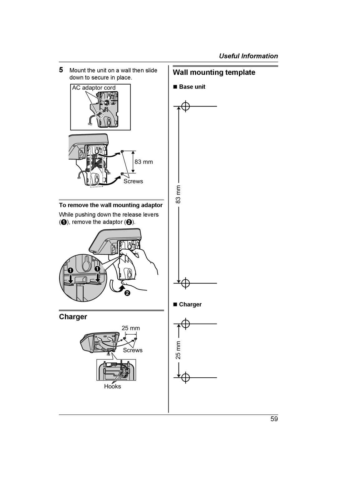 Panasonic KX-TG7652AZ, KX-TG7653AZ operating instructions Charger, Wall mounting template, mm Screws Hooks, 25 mm 